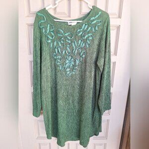 Forest Green Dress SzXL-1X Crinkle Fabric Long Sleeve Ribbon Design Curve Hem